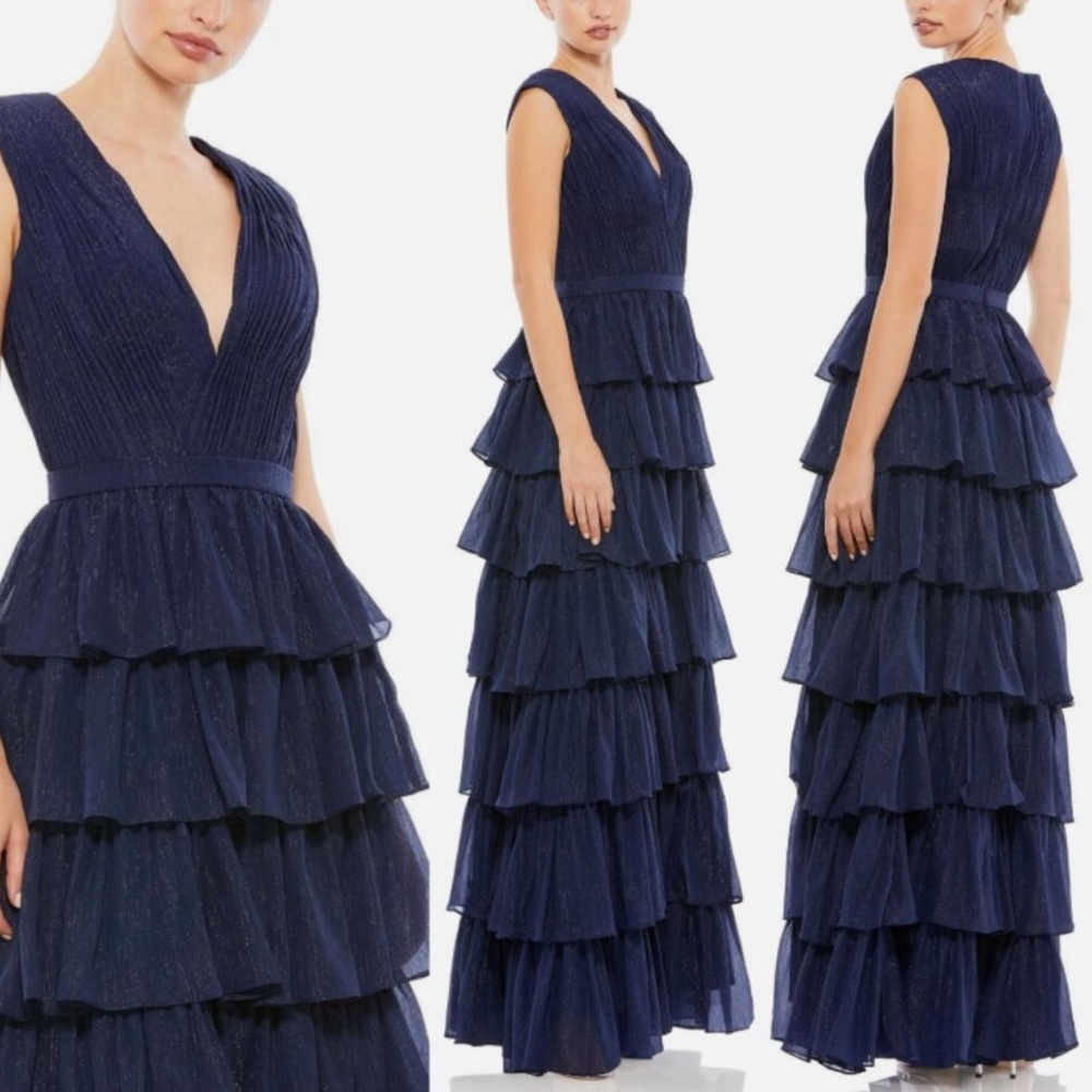 MAC DUGGAL 49287 SPARKLY RUFFLED LAYERED MIDNIGHT GOWN sz 10
